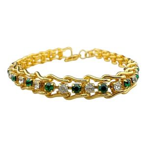 Gold Tone Chain Bracelet Emerald Green Clear Rhinestone Dazzling Fashion Jewelry